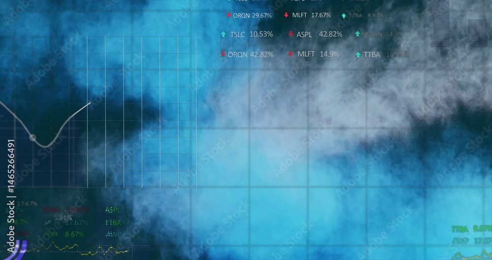 Poster data analytics interface being shown over smoky grid, displaying white curve graph, colored arrows