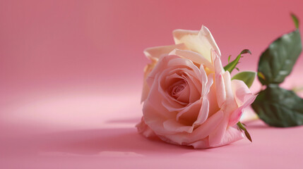 Fototapeta premium Single pale pink rose with soft petals and green leaves on a subtle pink backdrop