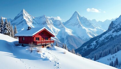 Fototapeta premium Red and white striped chalet against snow capped peaks, travel, scene