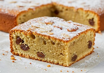 A close up of a slice of raisin cake with almonds and powdered sugar on a white surface near cake