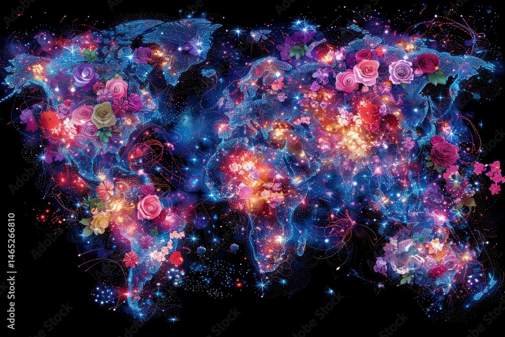 Poster colorful abstract map with floral patterns and cosmic elements.