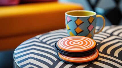 A set of plastic coasters with modern, geometric designs, placed on a coffee table.