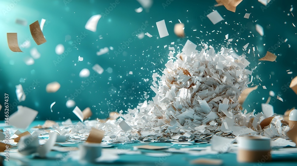 Poster a photograph depicting the dynamic and ethereal flow of shredded paper particles being analyzed and 