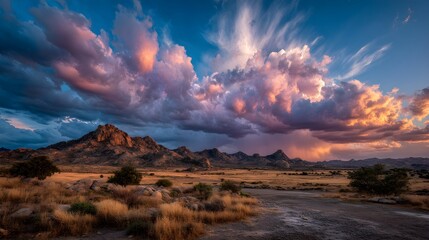 Fototapeta premium Radiant Cumulus Clouds Over Azure Mountain Horizon – Immersive Skyscape Visual for Eco Wellness and Digital Retreat Branding