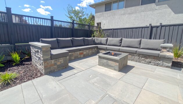Modern Outdoor Patio Design Stone Fire Pit, Sectional Sofa