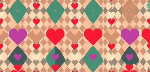 Classic argyle pattern with hearts, seamless textile print  , diamonds, seamless