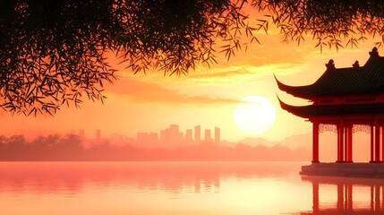 AsereneimageatdawnorduskwithatraditionalChinese-stylepavilionbyacalmbodyofwater.Thesuncastsawarmglow,silhouettingbambooleaves,andacityscapefaintlyappearsinthebackground,blendingnatureandurbanelements.