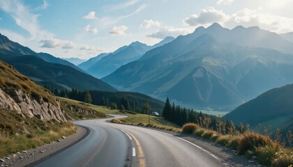 Fototapeta premium Scenic Mountain Road Trip: Winding Asphalt Path Through Majestic Peaks