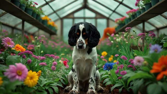 lovable springer spaniel perched with blooms