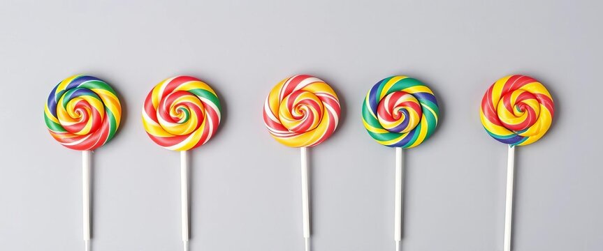Five colorful lollipops in a row on gray background ,   background,  blue
