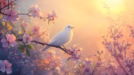Delicate white bird amidst blossoming spring flowers.