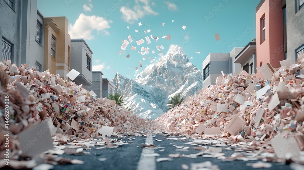 Aufkleber a futuristic landscape of towering mountains made from discarded paperwork with a holographic graph 