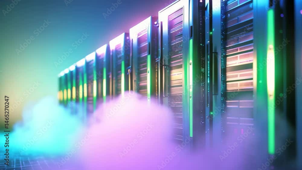Poster cabinet rows in a high-tech server room for hardware and system support