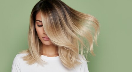 Fototapeta premium Elegant woman with ombre blonde hair posing gracefully against soft background