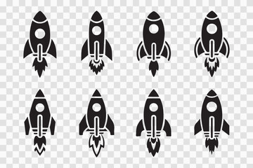Rocket Launch Icons: A set of eight distinct rocket launch icons, perfect for representing concepts of progress, innovation, and new beginnings.