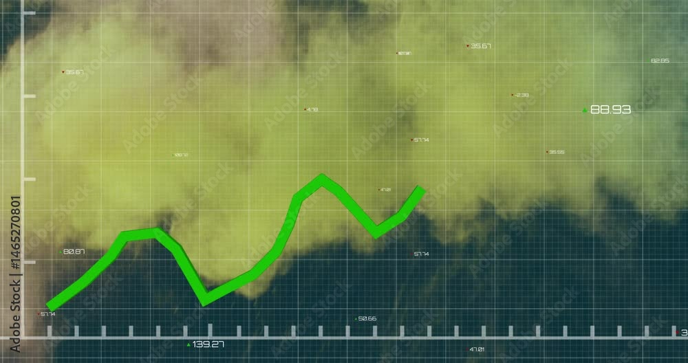 Poster digital market graph showing green zigzag line moving across grid, smoky texture and numeric labels