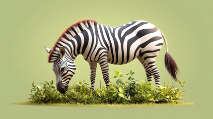 Fototapeta premium A zebra stands alert and watchful grazing peacefully in a lush green field against a minimalist background
