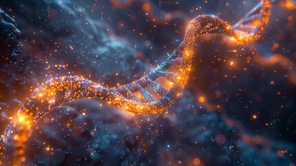 Glowing 3D DNA strand surrounded by sparkling particles in a futuristic abstract background