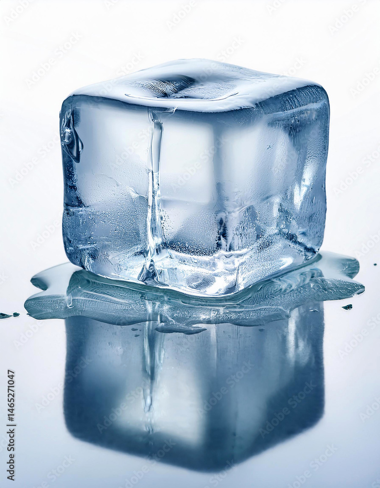 Aufkleber melting ice cube on a reflective surface. the ice cube is clear with water droplets, sitting in a pu