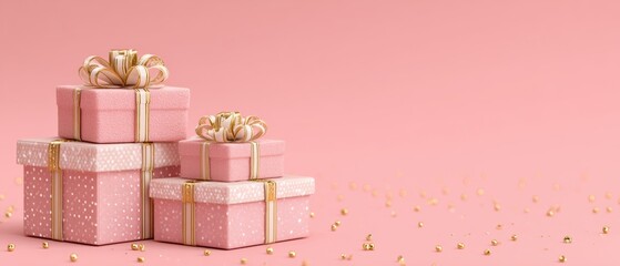 Obraz premium Pastel gift boxes with ribbons and star confetti on coral background