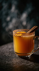 Golden drink steaming with a cinnamon pin and orange tree peel garnish in a glass mug.