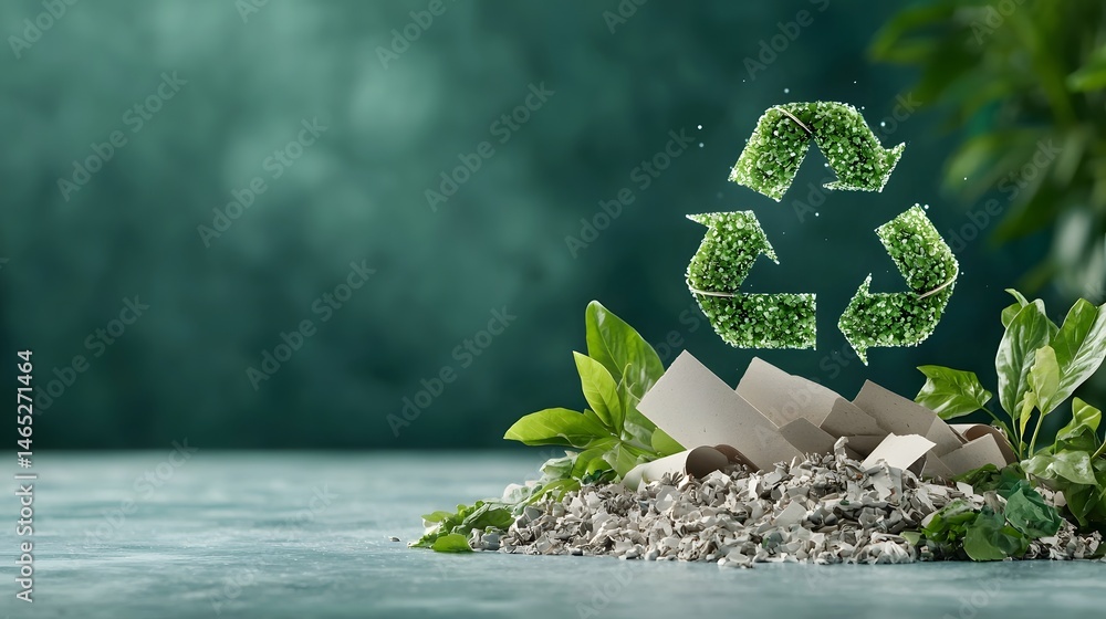 Poster a pile of recycled paper surrounded by leaves and soil under a glowing holographic tree symbol repre