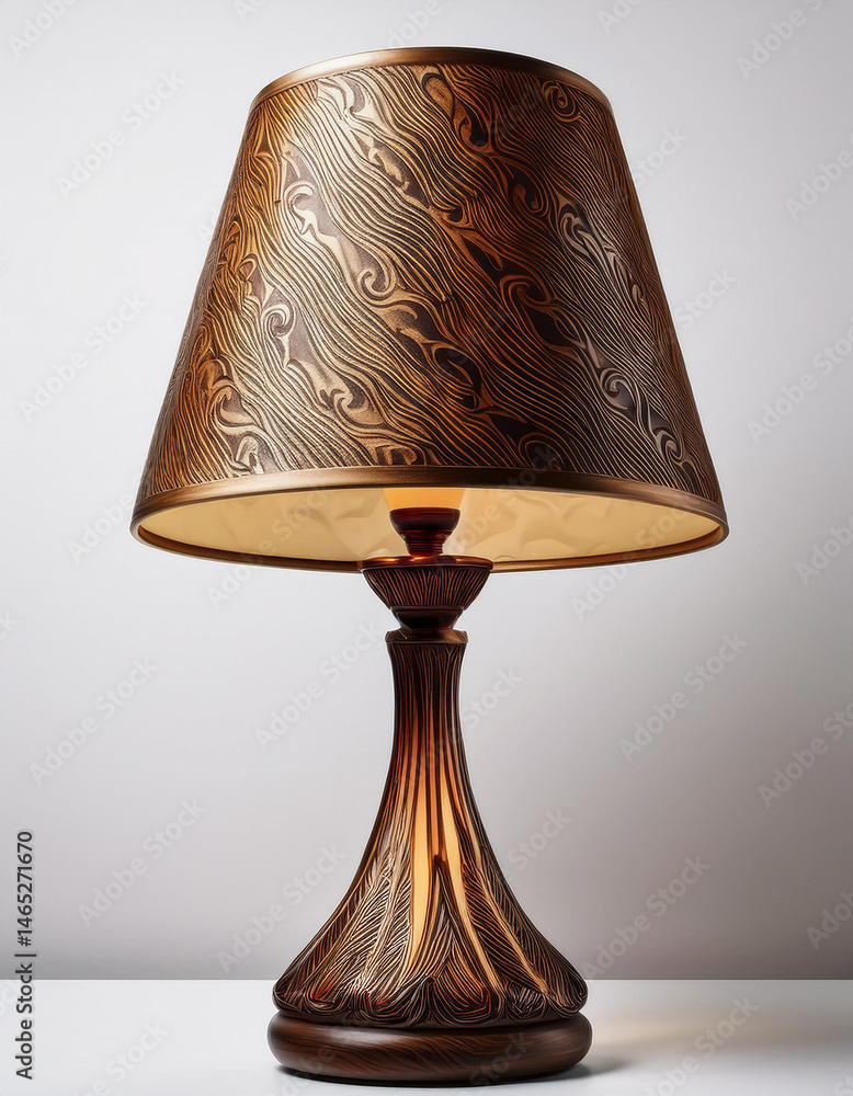 Poster ornate table lamp with patterned shade and carved base, casting a warm glow in a dimly lit room. int