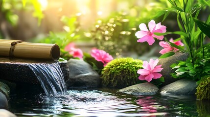 Peaceful zen garden scene with flowing water and blossoms.