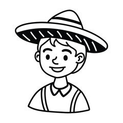 a boy in a sombrero smiling with a mustache line art vector illustration