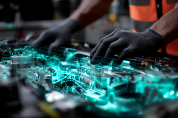 Gloved hands interact with a teal digital overlay showcasing car engine mechanics, illustrating advanced automotive technology and diagnostics