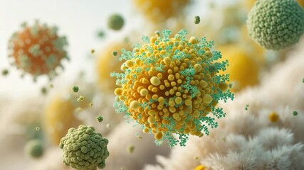 Pollen allergy, referred to as hay fever or allergic rhinitis, illustrated with various types of pollen particles in Ai