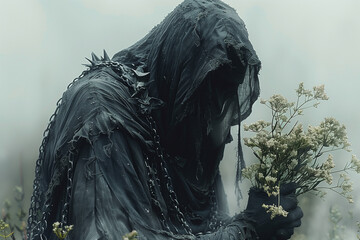 Dark cloaked humanoid figure with chains and spikes holds a bouquet of white wildflowers.