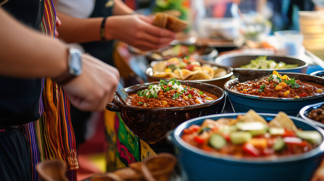 A Colorful and Lively Chili Cook-Off Event with People Enjoying Spicy Chili Bowls - Powered by Adobe