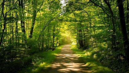 Obraz premium Camino bañado por el sol entre frondosos árboles verdes