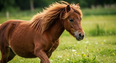 Fototapeta premium Captivating portrait of a chestnut pony galloping through a vibrant meadow