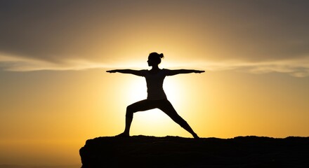 Silhouette of a woman practicing yoga at sunset with orange sky