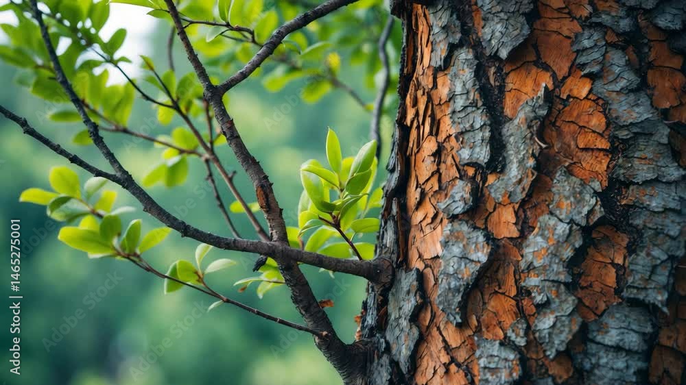 Poster trunk bark of a pine tree featuring twigs in front. textural background of a forest. harsh tree bark