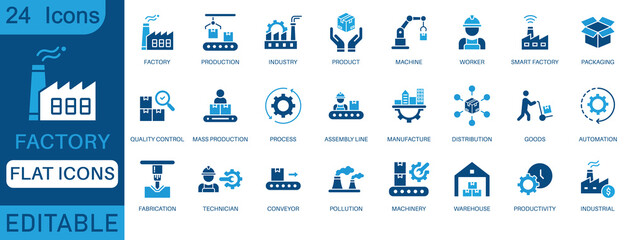 Factory icon set. Containing industry, production, machine, manufacture, warehouse, fabrication, goods and more. perfect flat  icon collection.