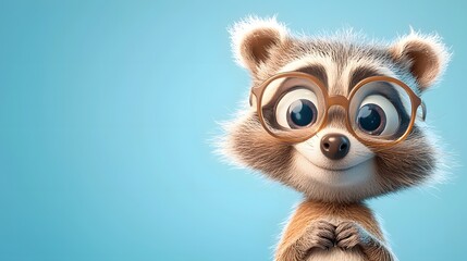 Fototapeta premium A whimsical cartoon of a playful furry raccoon wearing oversized glasses and sporting a mischievous charming smile against a vibrant blue background