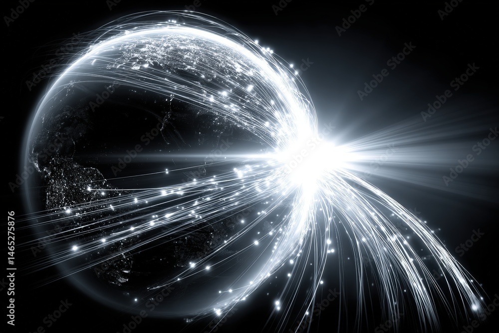 Poster dynamic light trails emanating from a globe against a dark background.