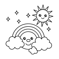 a smiling sun with fluffy clouds rainbows and bi line art vector illustration