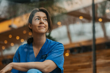 Mature female medial professional looking away seen through glass