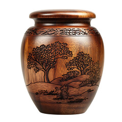 A Handcrafted Wood Urn with Tree Design Isolated on Transparent Background