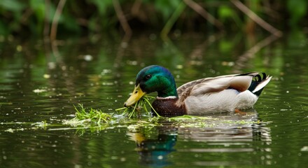 Obraz premium Mallard Duck Feeding on Vegetation in a Serene Pond Environment close-up