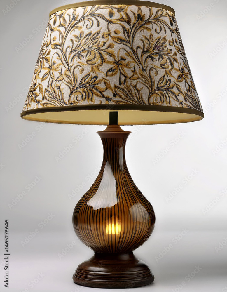 Poster elegant table lamp with a floral patterned shade and a decorative brown base, casting a warm glow in