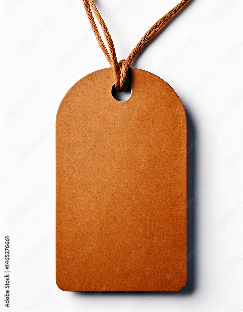 Poster blank tan tag with rounded top and string against white. ideal for adding custom text, branding, or 
