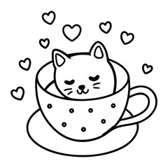a cozy cat curled up inside a teacup surrounded, line art vector illustration
