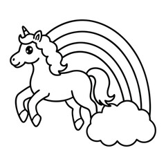 a cute unicorn with a curly mane flying over a rainbow line art vector illustration