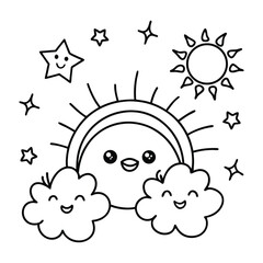 a smiling sun with fluffy clouds rainbows line art vector illustration