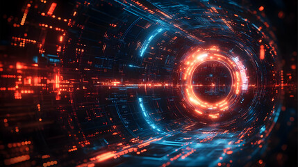 Abstract Digital Tunnel with Glowing Red and Blue Lights